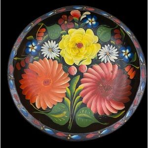 Two Beautiful vintage Mexican batea folk art hand painted with colorful flowers